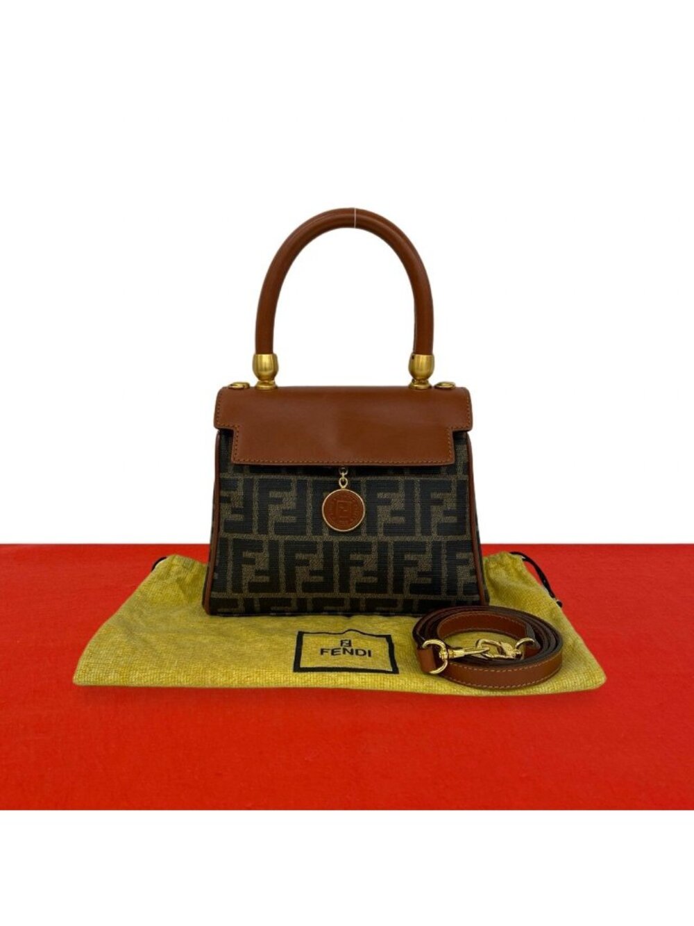 Fendi Vintage Zucca FF Pattern Leather 2-Way Shoulder Bag Brown